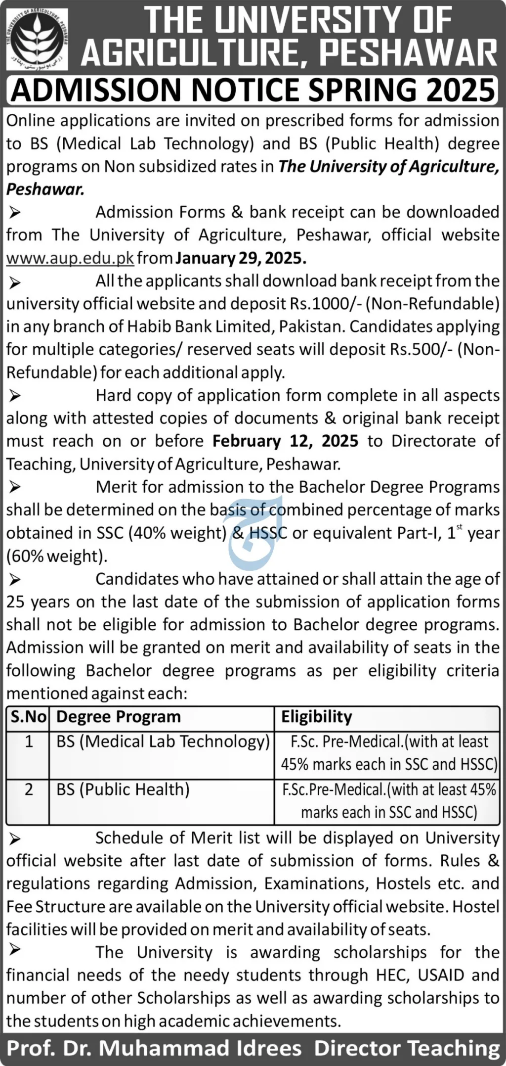 Admission University of Agriculture Peshawar