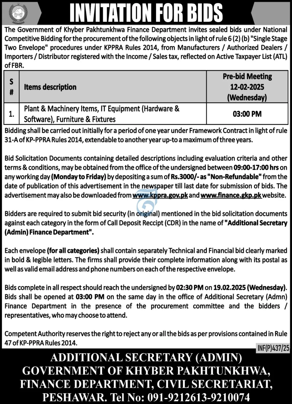 Finance department kpk tender