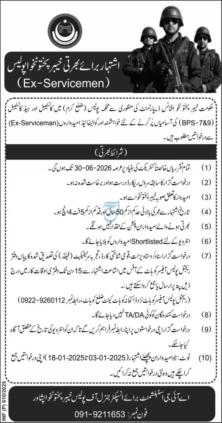 Career Opportunities for Ex-Servicemen in Khyber Pakhtunkhwa Police, District Kurram