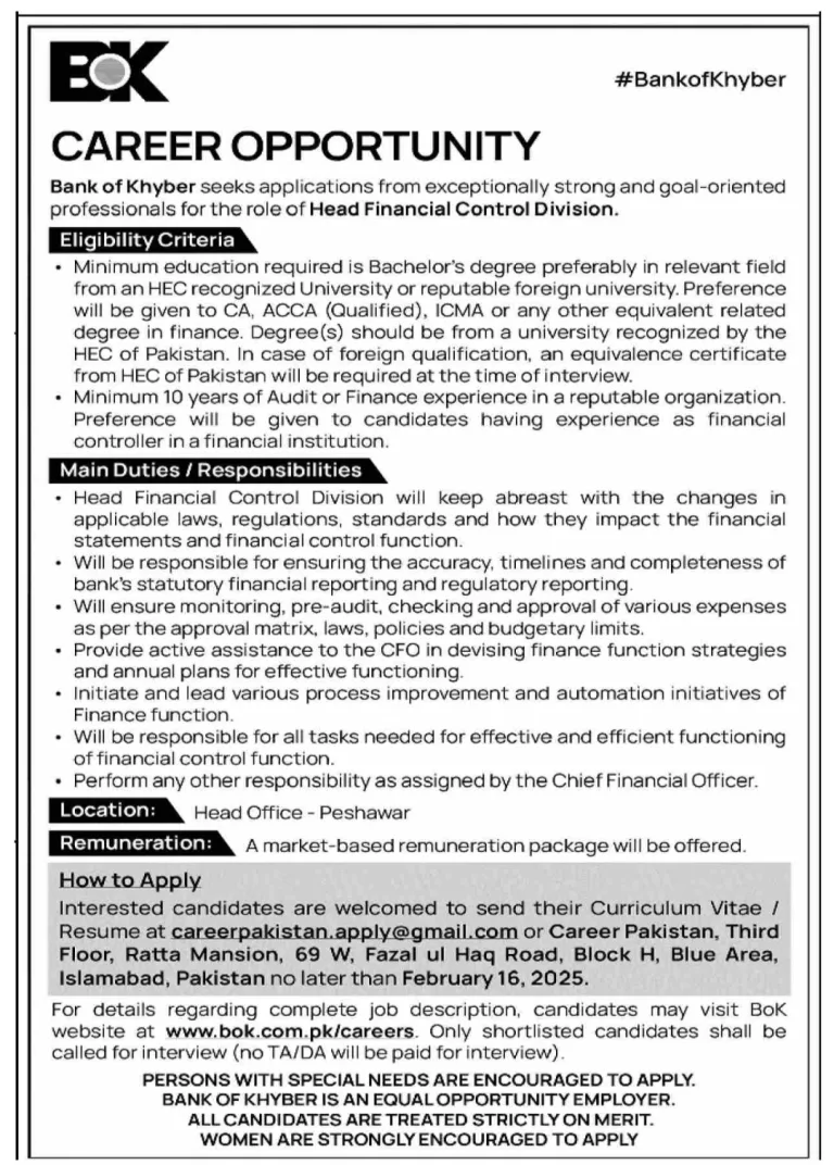 Bank of Khyber Career Opportunity Position: Head Financial Control Division