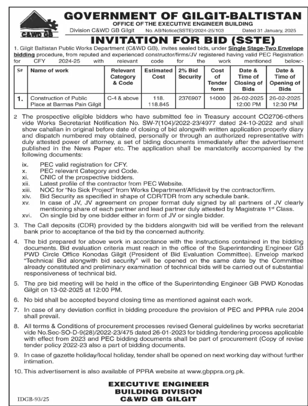 Government of Gilgit Baltistan invitation of bids