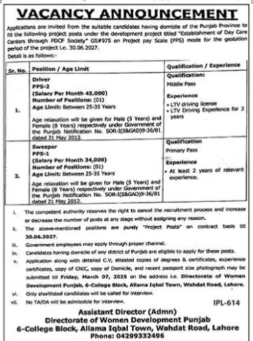 Career Opportunities at Directorate of Women Development Punjab