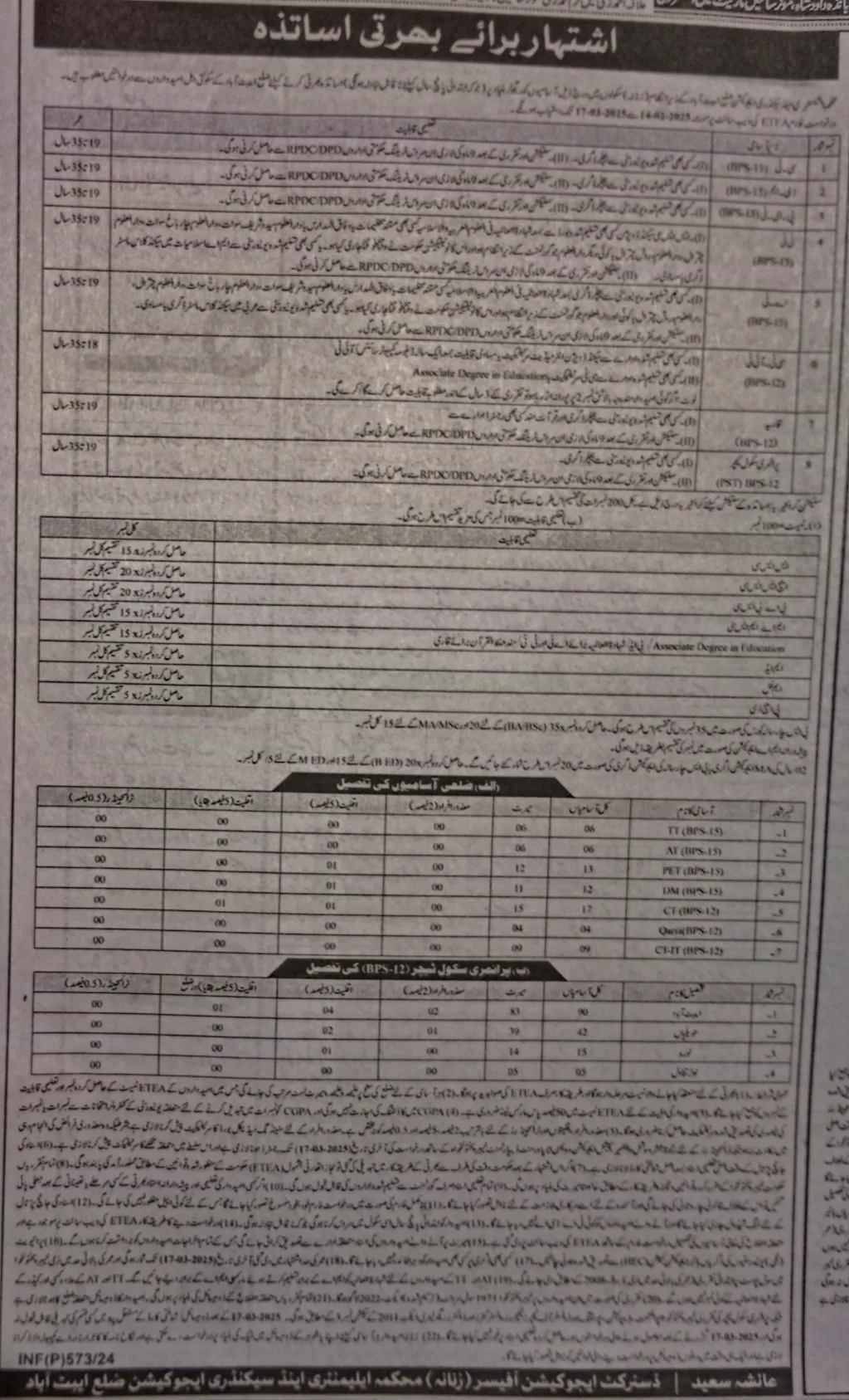 DEO Female Abbottabad advertisement for Teachers