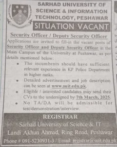 Sarhad University of Science & Information Technology (SUIT), Peshawar.