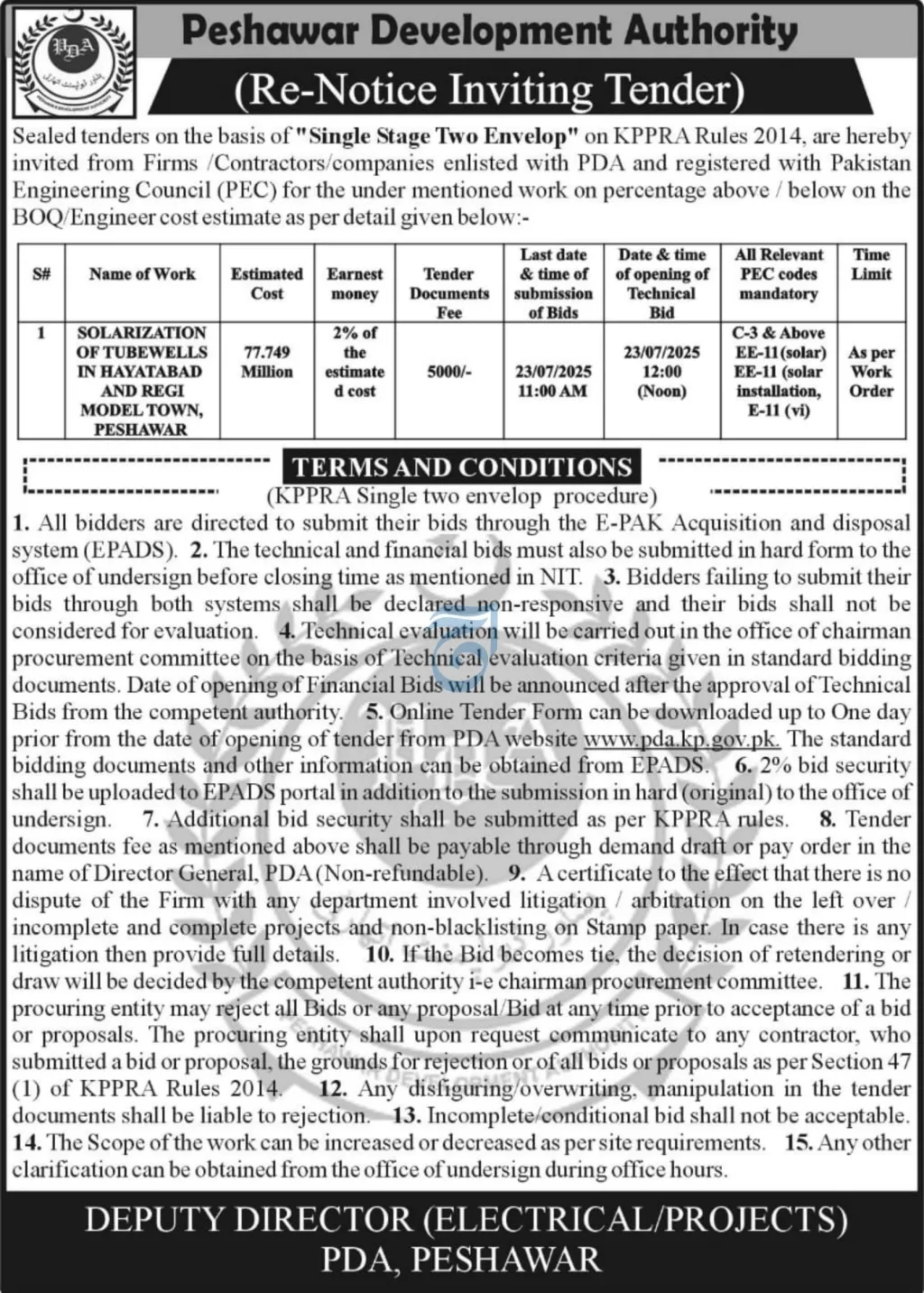 Tender for Solarization of Tubewells