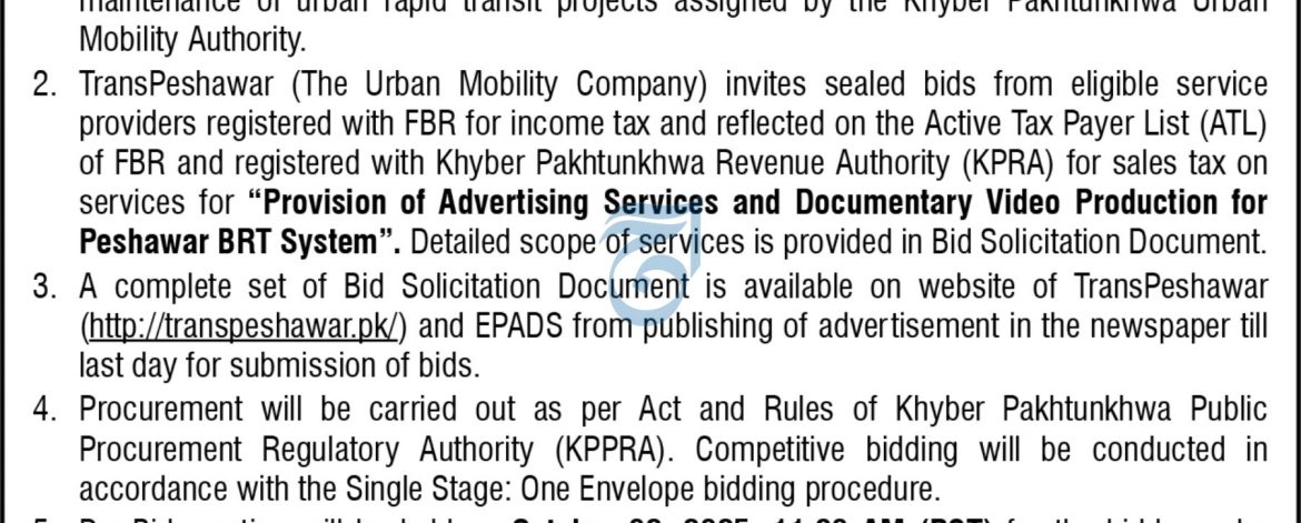 TransPeshawar (BRT) Invites Bids for Advertising