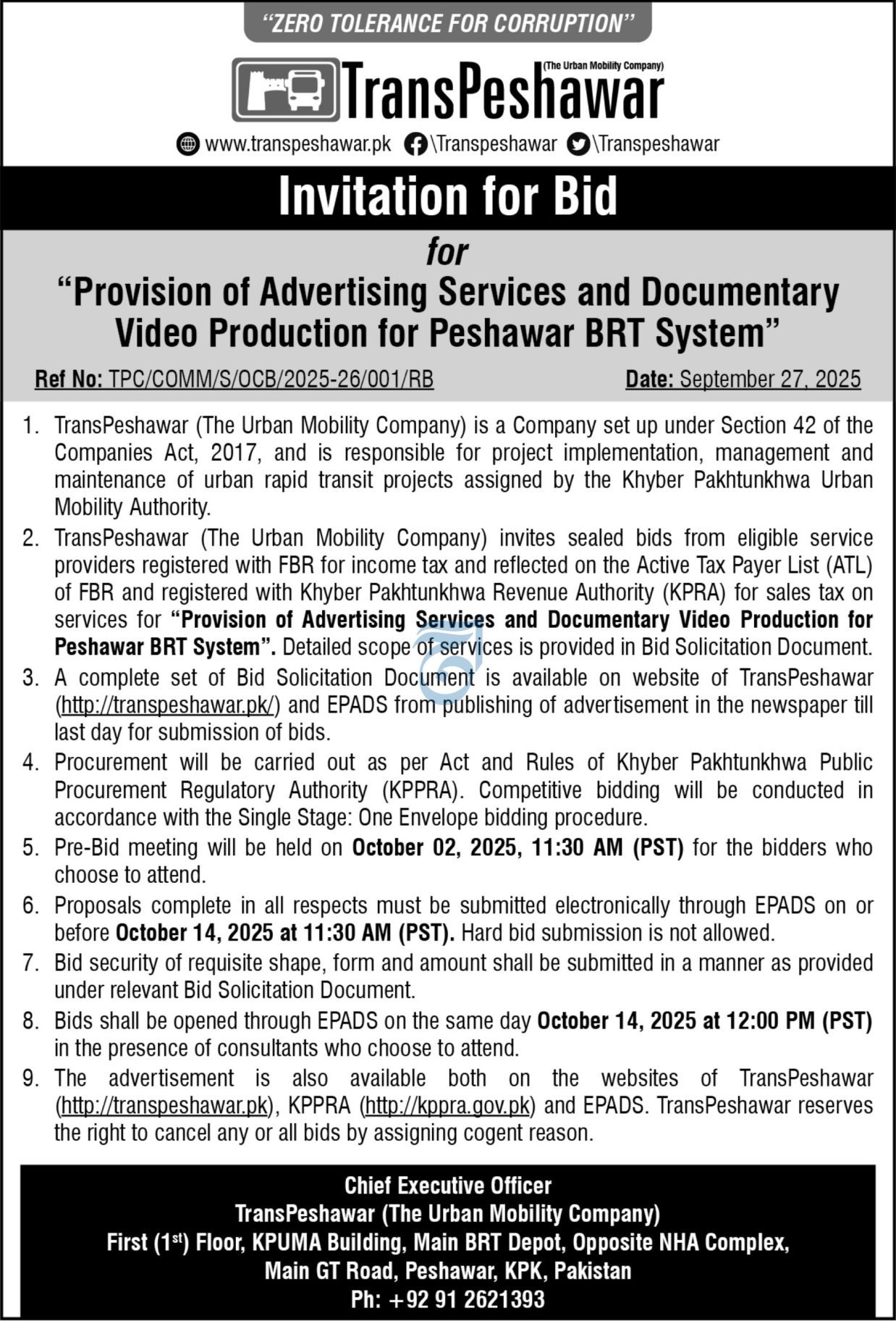 TransPeshawar (BRT) Invites Bids for Advertising