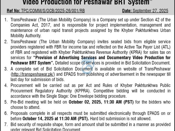 TransPeshawar (BRT) Invites Bids for Advertising
