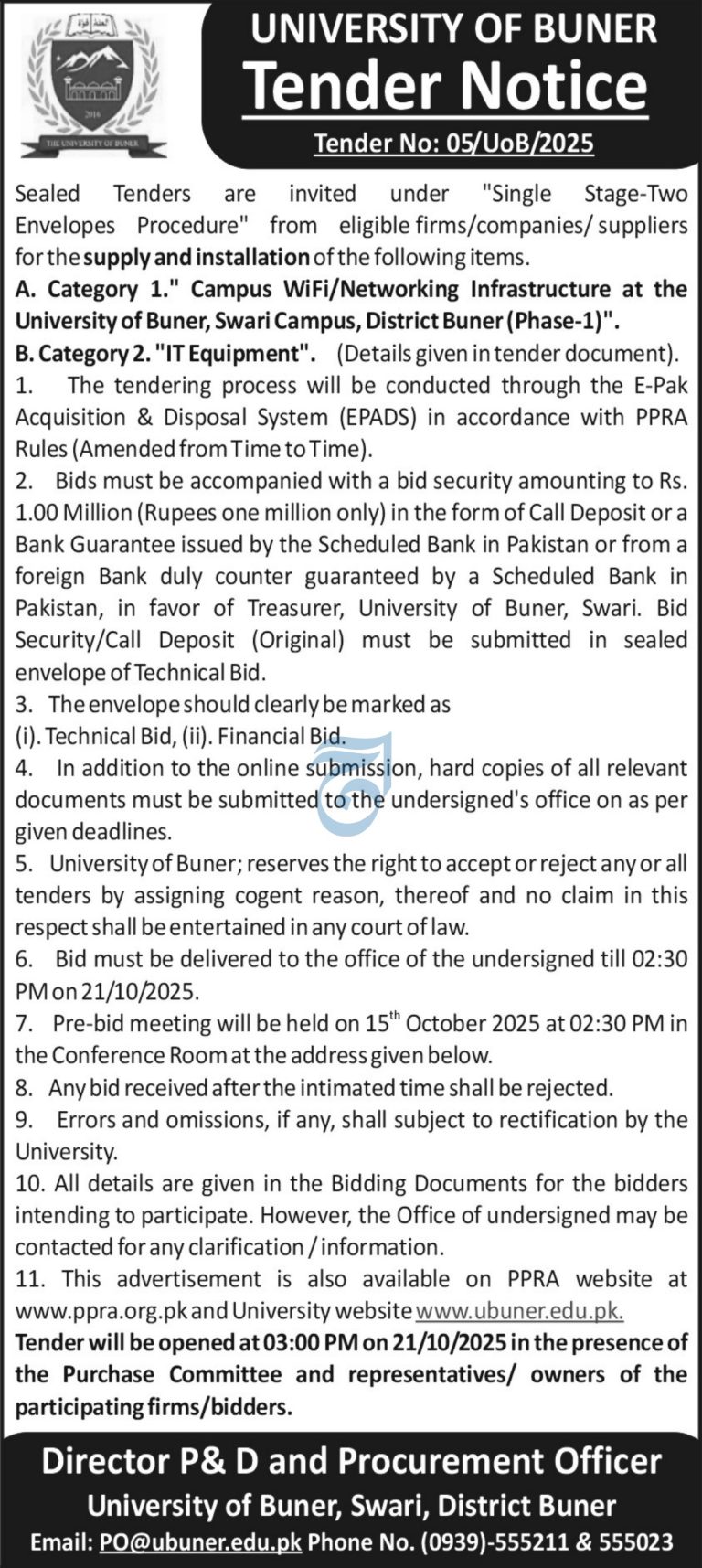 University of Buner (UoB) Procurement 2025