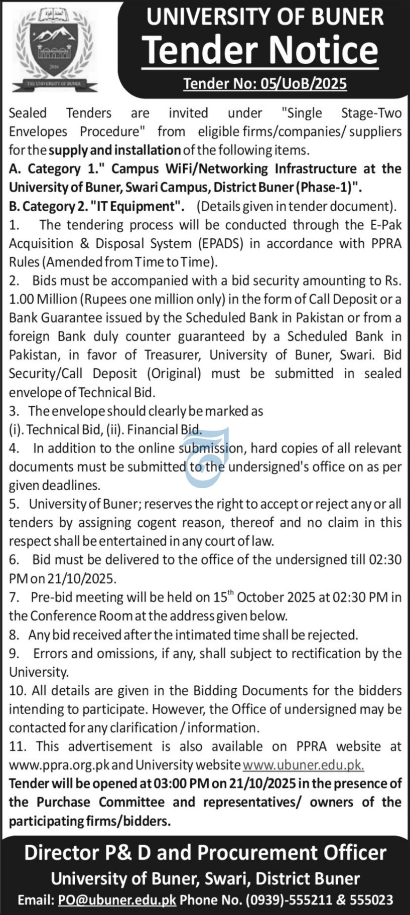 University of Buner (UoB) Procurement 2025