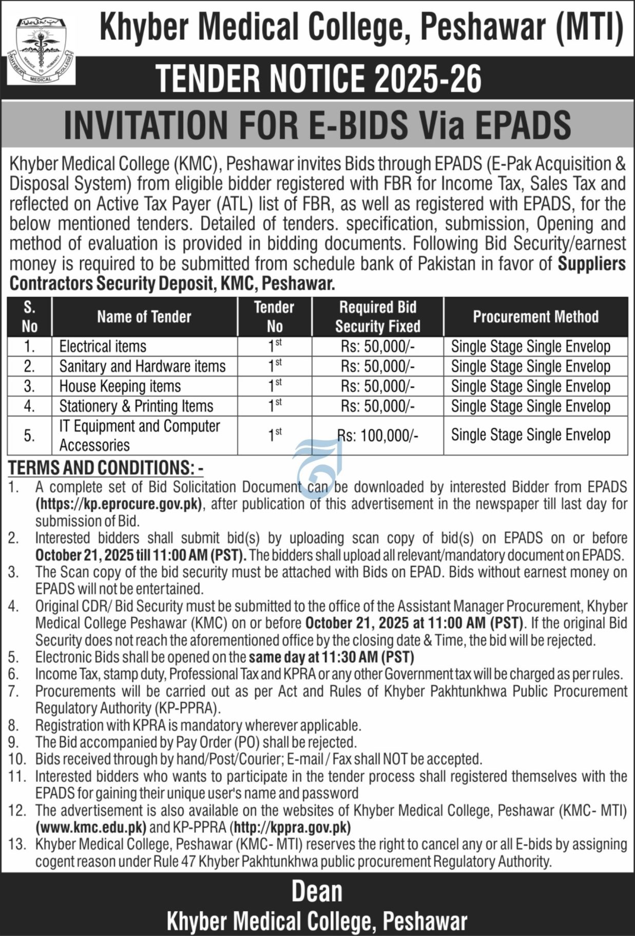 KMC Peshawar Tenders for FY 2025-26
