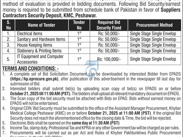 KMC Peshawar Tenders for FY 2025-26