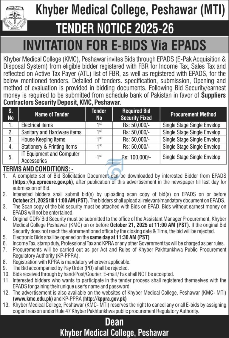 KMC Peshawar Tenders for FY 2025-26