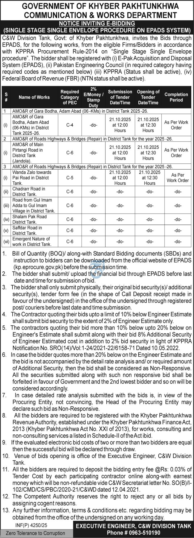 C&W Division Tank (KP) Procurement 2025-26
