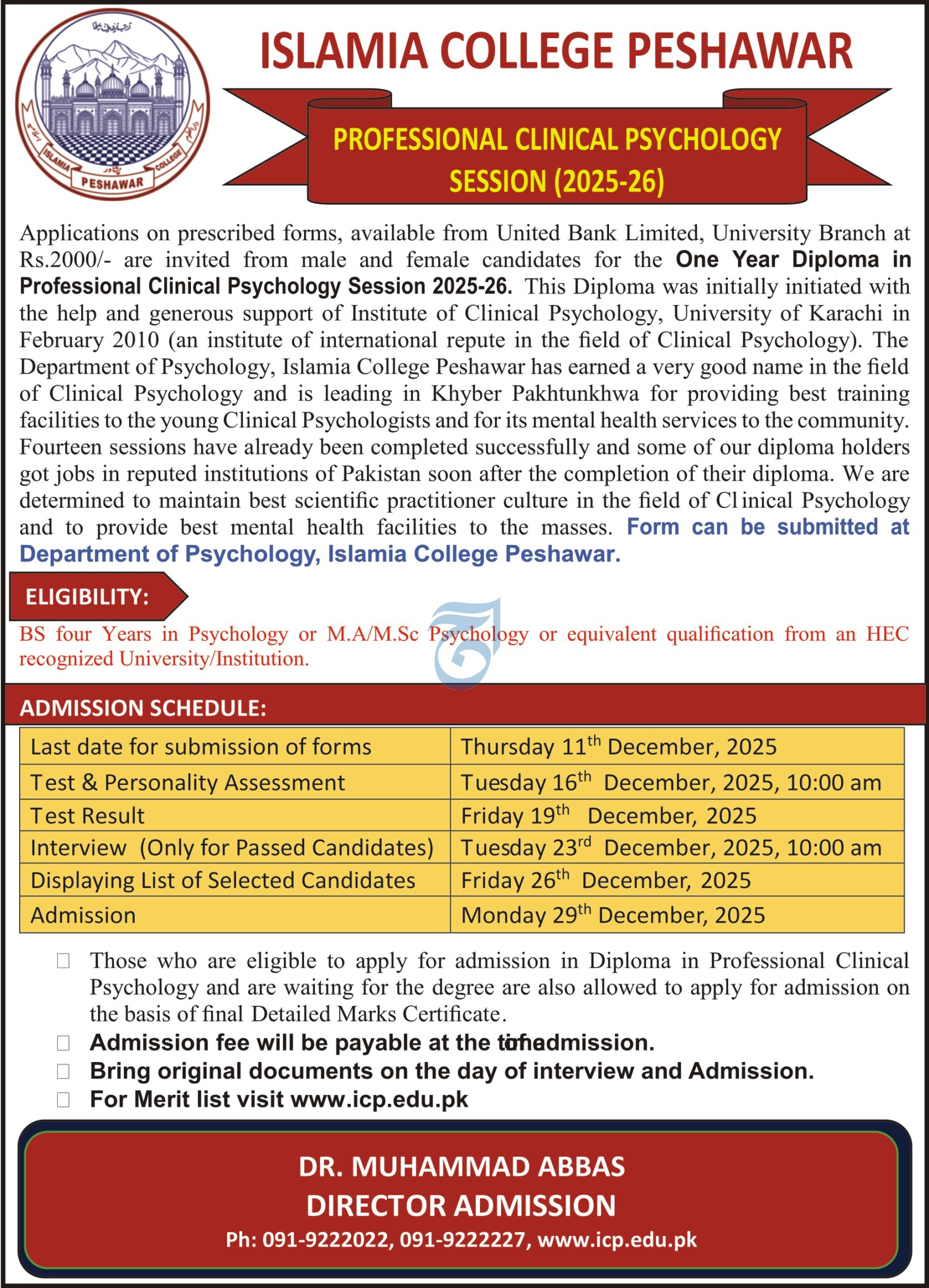 Admissions Open at Islamia College Peshawar