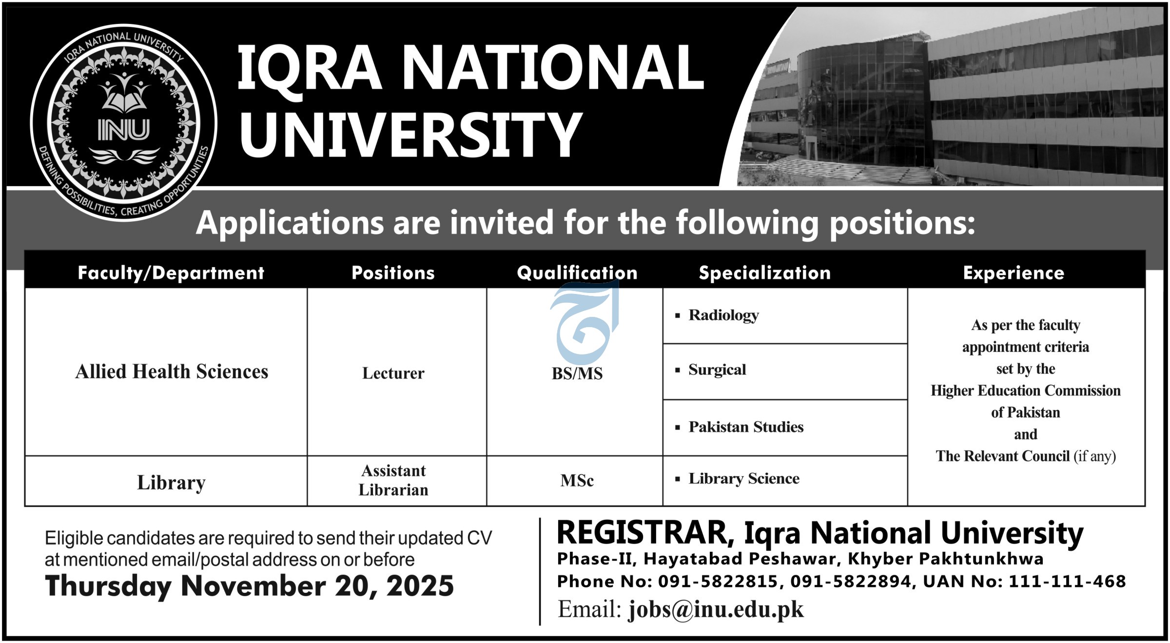 Career Opportunities at Iqra National University