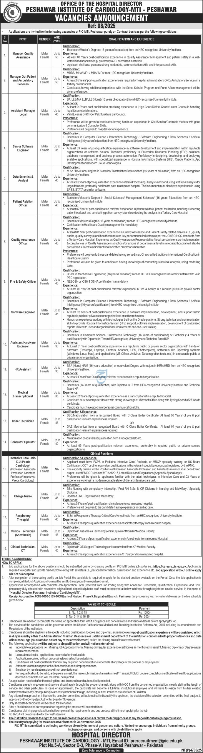 Peshawar Institute of Cardiology (PIC) Announces Massive Recruitment