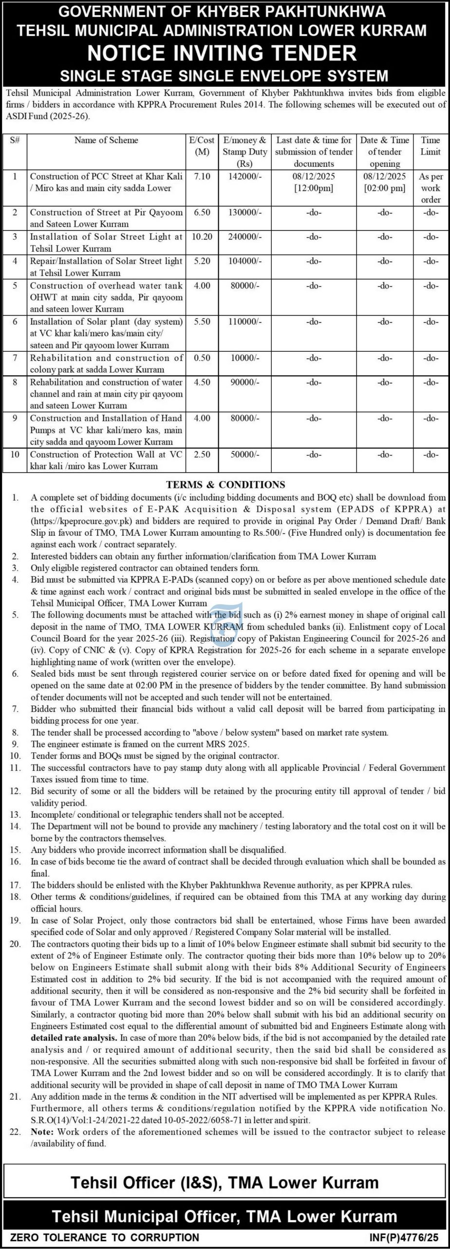 Bids for Streets, Solar Power, and Security