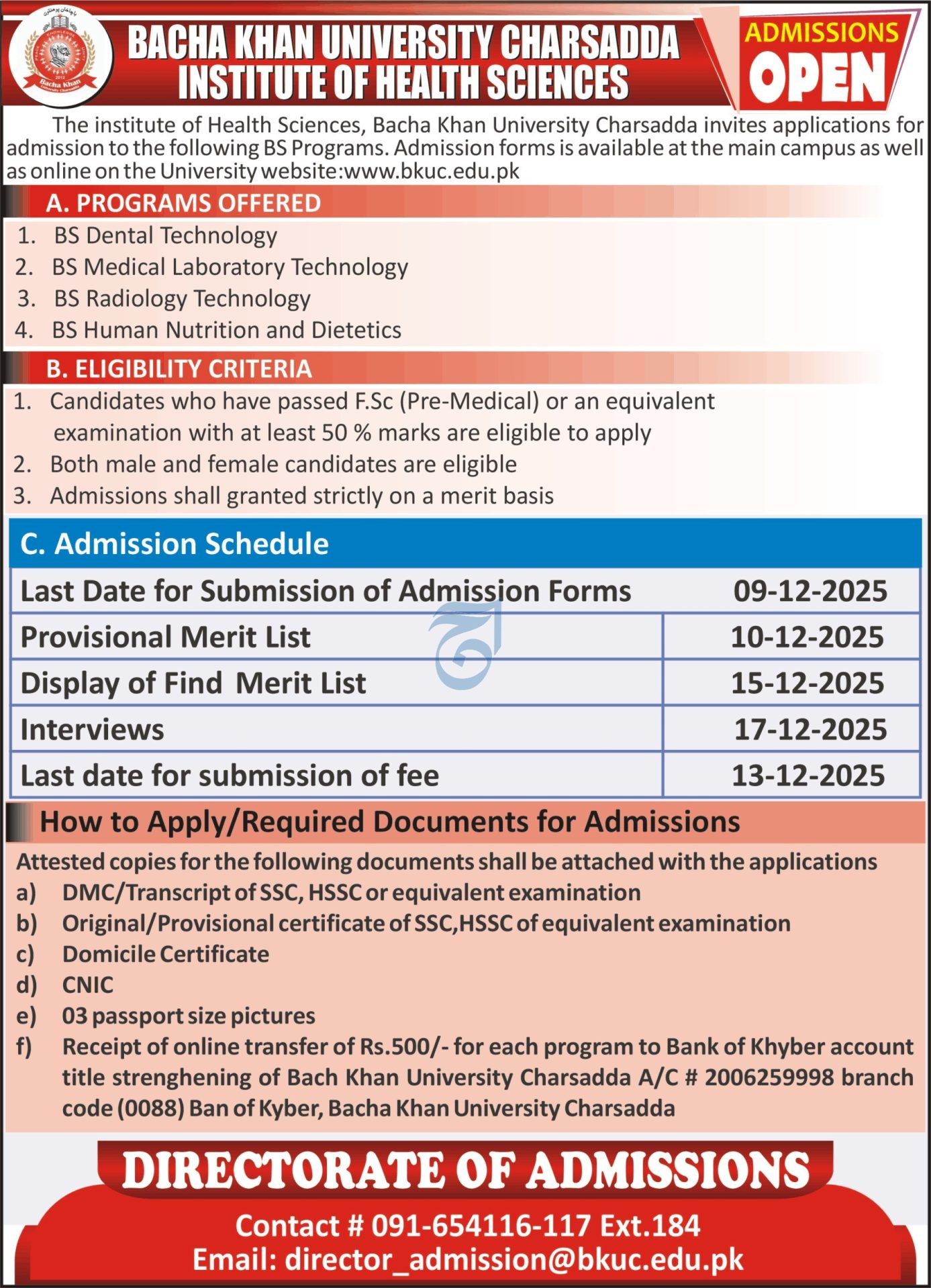 Bacha Khan University Charsadda (BKUC) Admissions