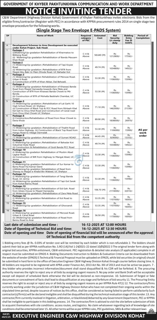 KPK C&W Kohat Invites E-Tenders