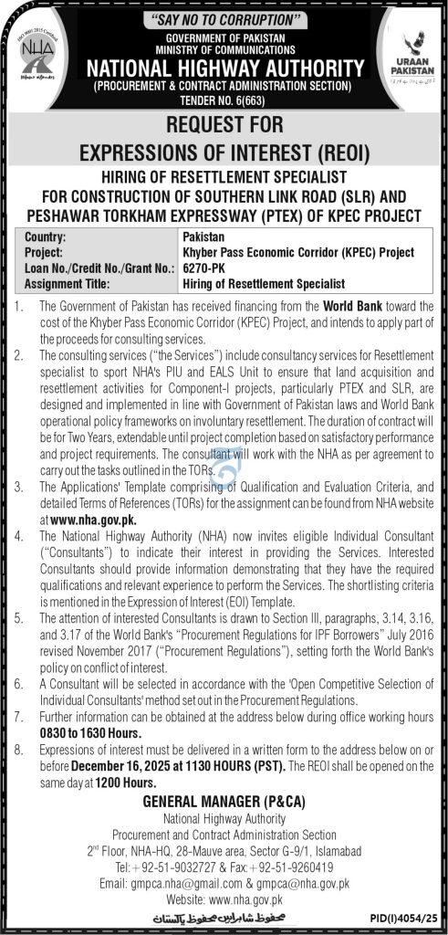 NHA Requests EOI for Resettlement Specialist on World Bank-Financed KPEC Project