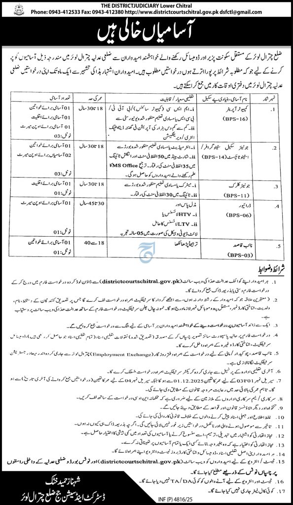 District Judiciary Lower Chitral Careers 2025 (BPS-03 to BPS-16)