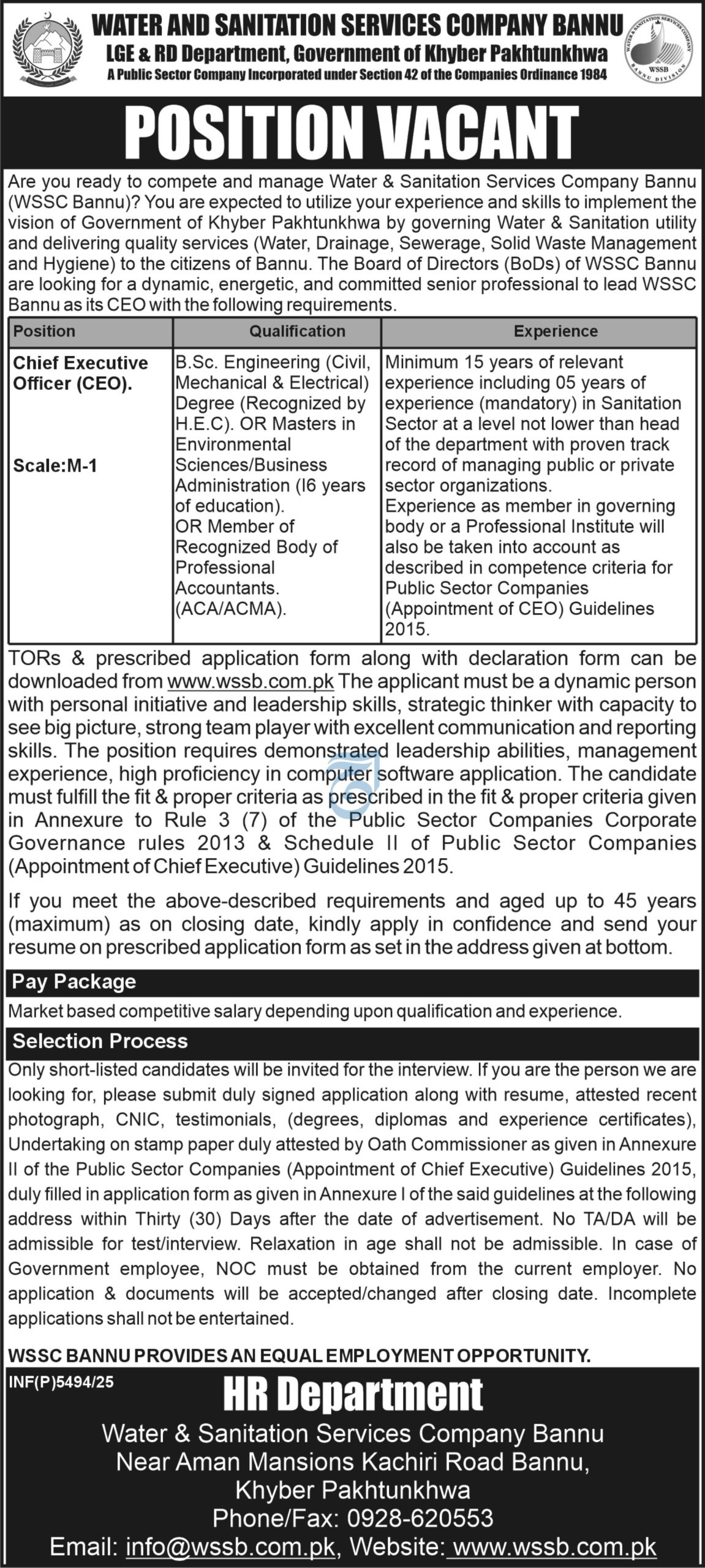 Chief Executive Officer (CEO) - WSSC Bannu