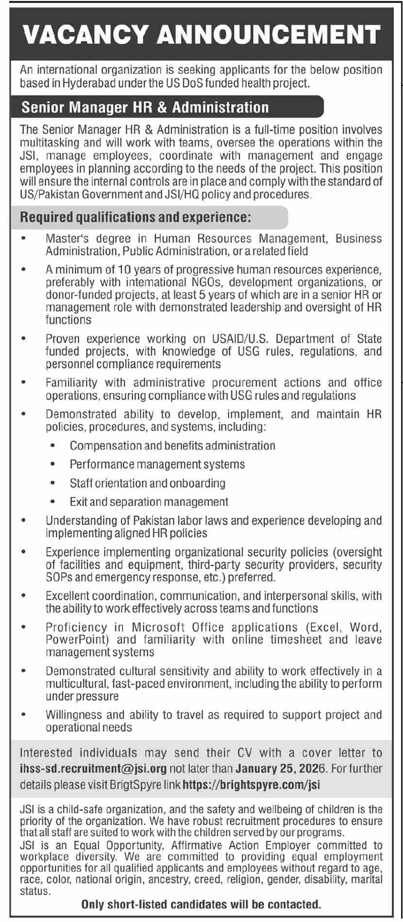 Senior Manager HR & Administration Vacancy at JSI