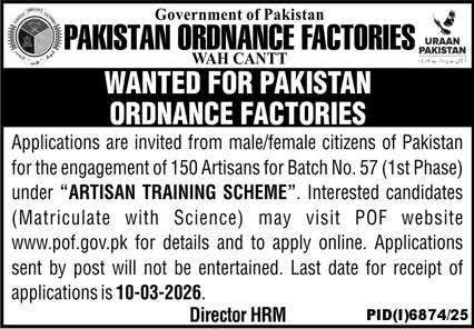 Pakistan Ordnance Factories (POF) Artisan Training Scheme 2026