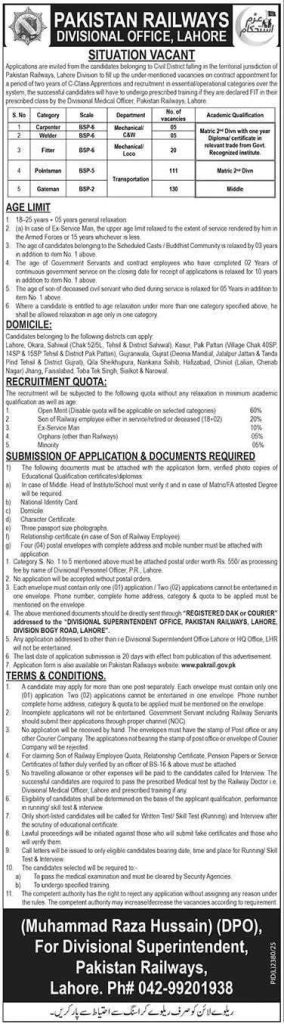 Pakistan Railways Lahore Division Jobs 2026