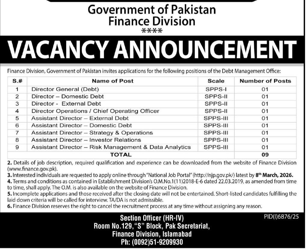 Finance Division Government of Pakistan Jobs 2026