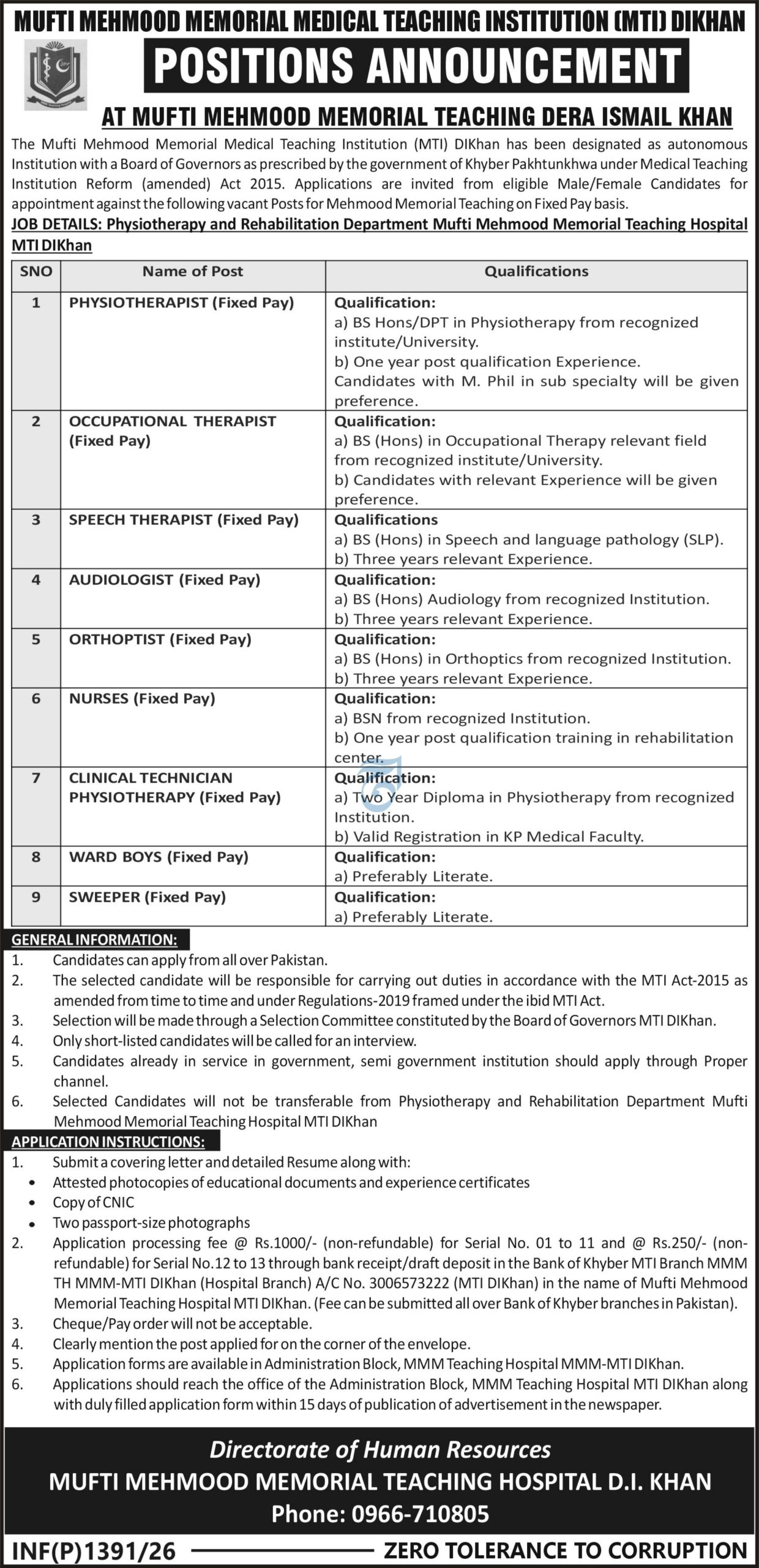 A job advertisement detailing available positions and qualifications for various roles in the Physiotherapy and Rehabilitation Department at Mufti Mehmood Memorial Teaching Hospital, Dera Ismail Khan.