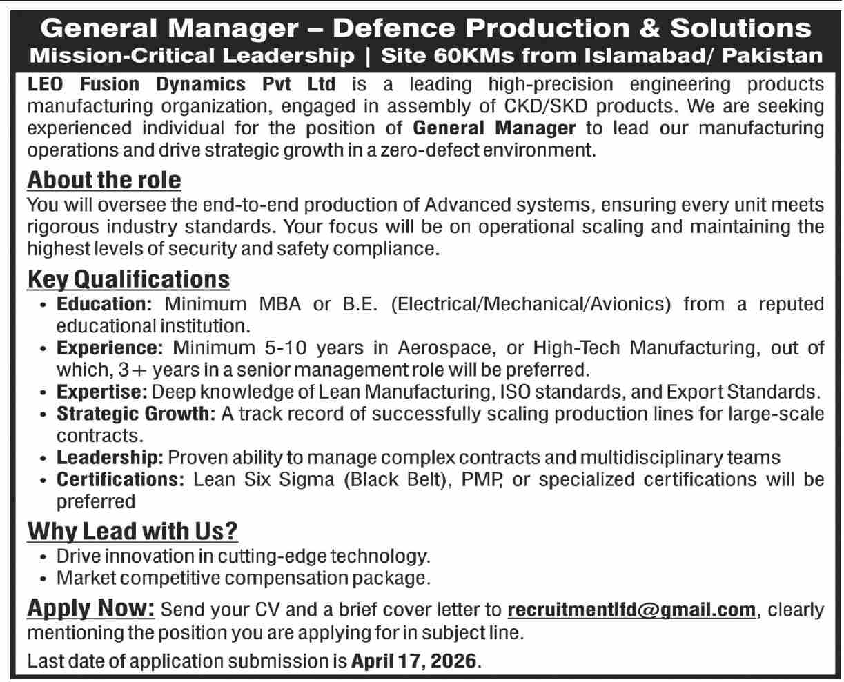 General Manager Vacancy at LEO Fusion Dynamics