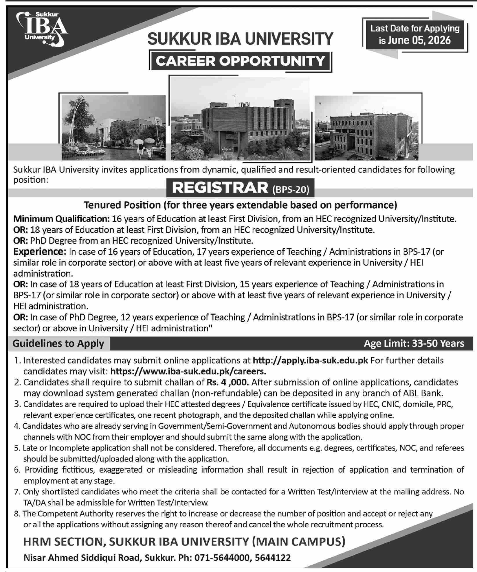 Registrar (BPS-20) at Sukkur IBA University