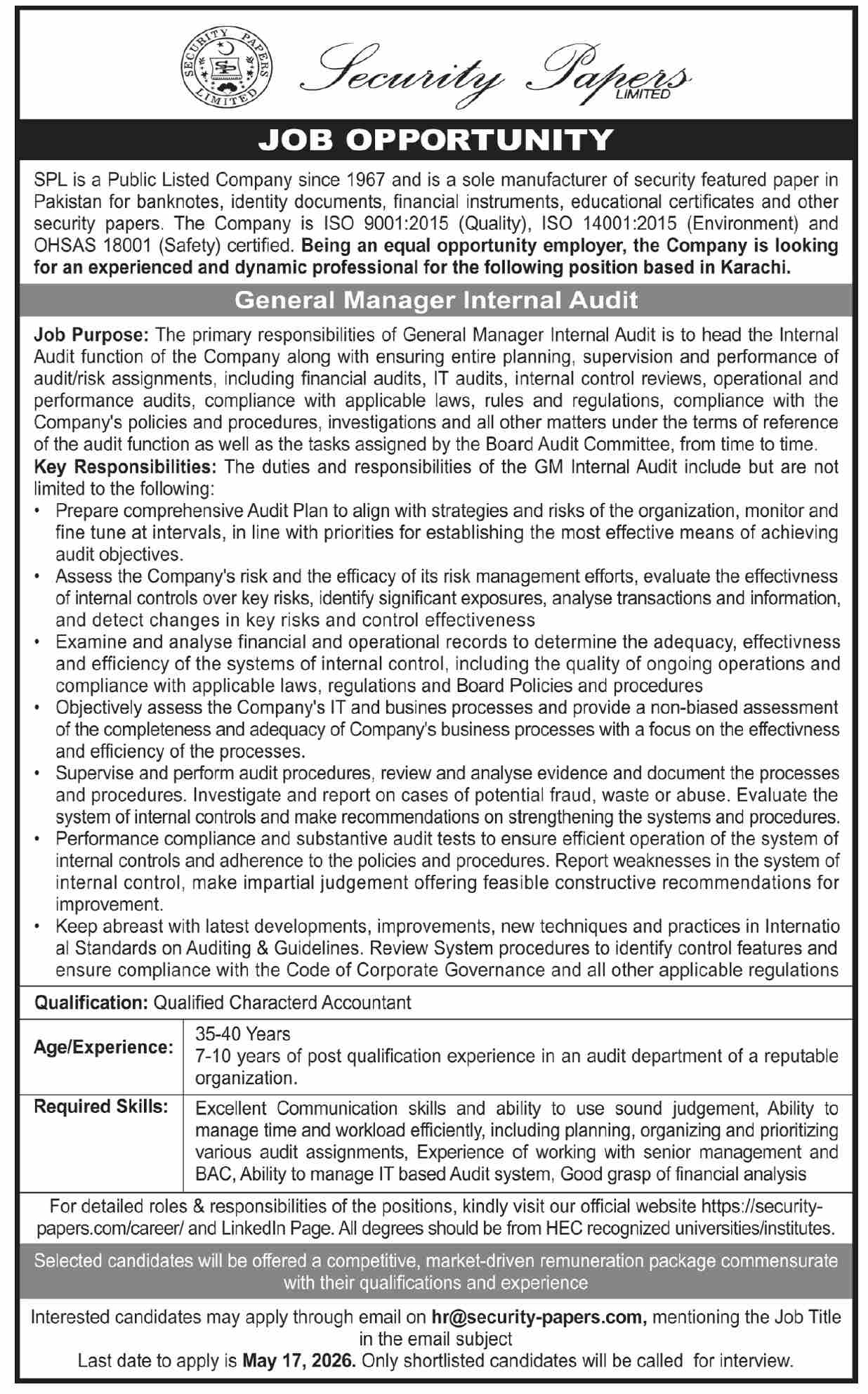 General Manager Internal Audit