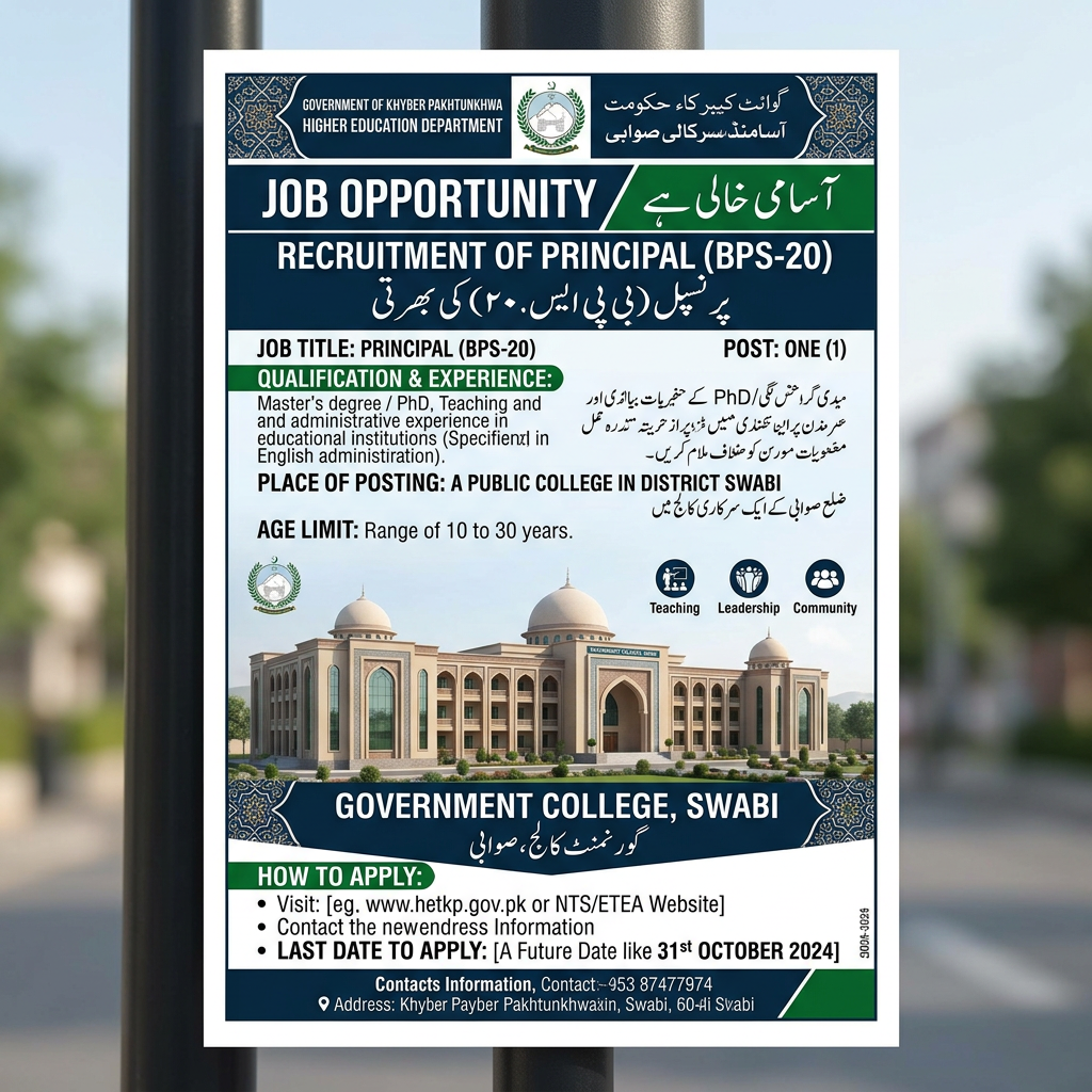 Job opportunity for principal at Government College Swabi with qualification and application details