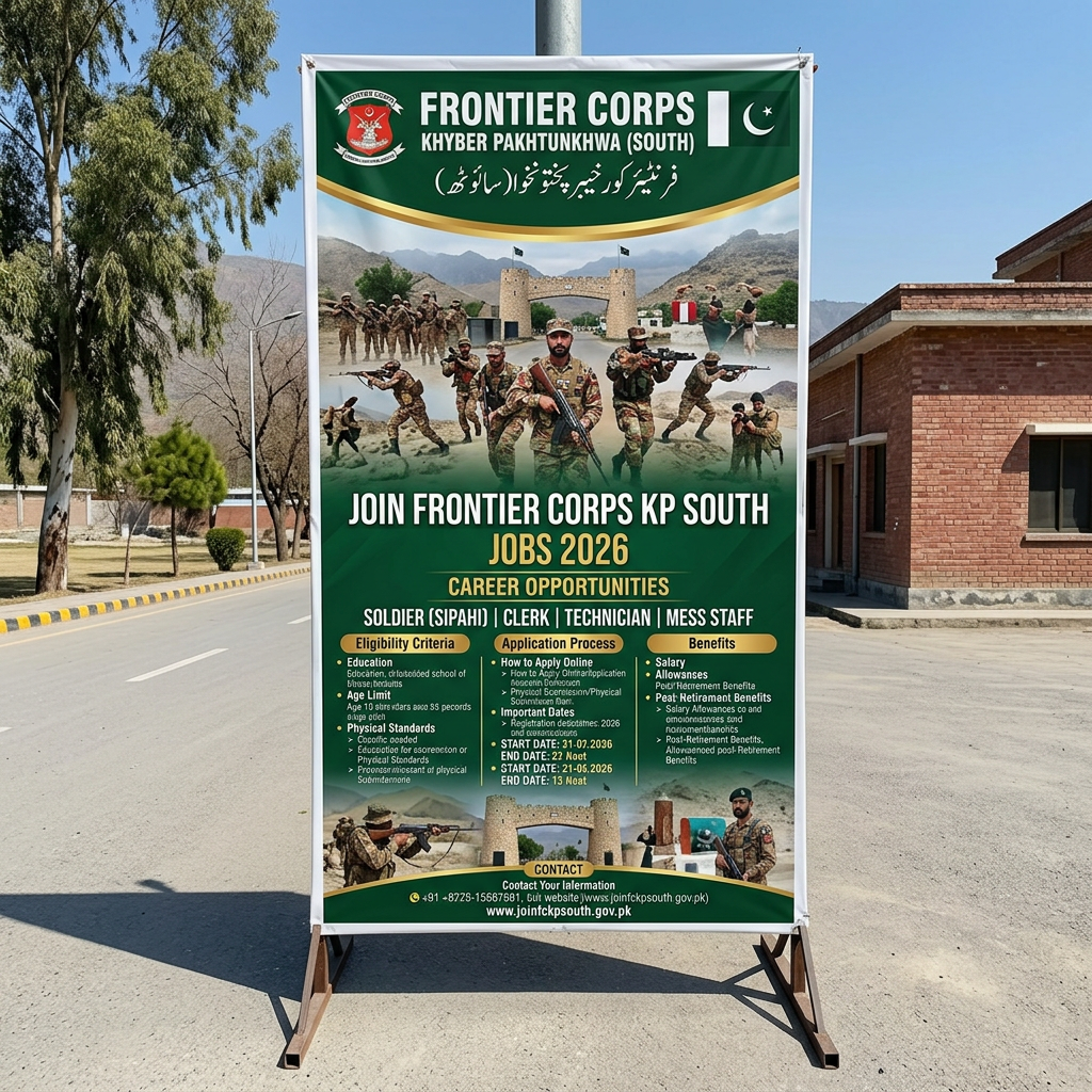 Recruitment poster for Frontier Corps Khyber Pakhtunkhwa South 2026 jobs including soldiers, clerks, technicians, and mess staff