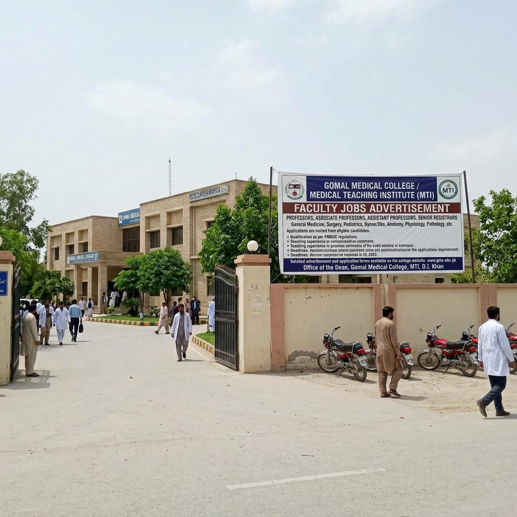 Signboard for faculty jobs advertisement outside Gomal Medical College with people walking nearby