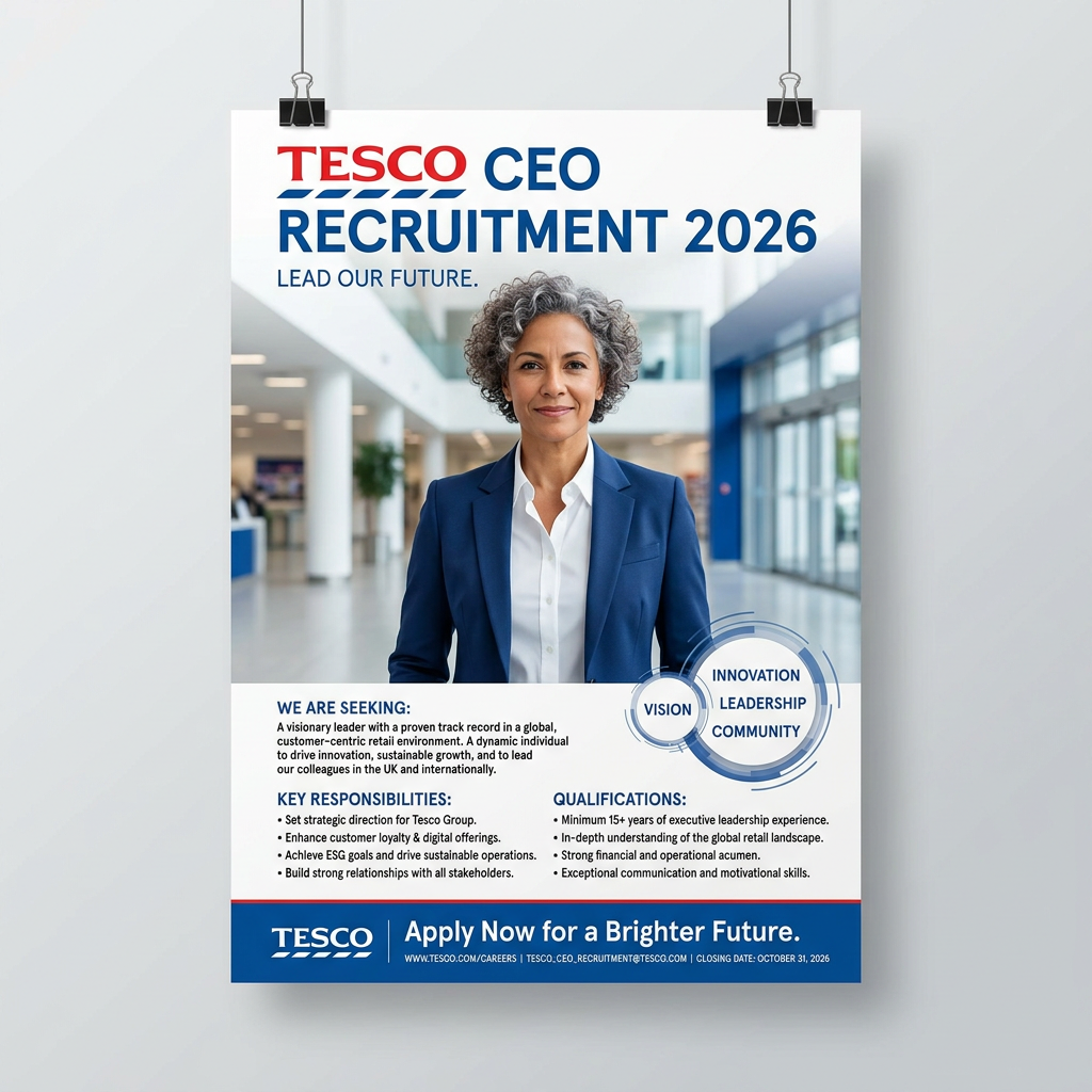 Tesco CEO recruitment poster for 2026 with a confident businesswoman and job details