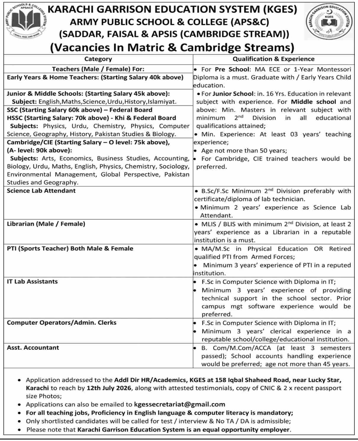 Karachi Garrison Education System KGES Jobs 2026 Official Advertisement 28_06_2026_802_006.jpg

Army Public School APS&C Karachi Teacher Vacancies Salary Detail

KGES O Level A Level Cambridge Stream Teacher Job Criteria

Computer Operator Admin Clerk Jobs Army Public School Karachi

KGES Assistant Accountant Post Qualification Age Limit Details

Karachi Garrison Education System Postal Address Iqbal Shaheed Road

IT Lab Assistant FSc Computer Science Jobs KGES Karachi

Librarian Vacancy MLIS BLIS Army Public School Karachi

Armed Forces Retired PTI Sports Teacher Jobs KGES Karachi

KGES Application Deadline Last Date 12 July 2026 Info