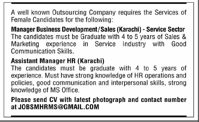 Outsourcing Company Karachi Female Jobs 2026 Advertisement

Manager Business Development Sales Post Requirements Karachi

Assistant Manager HR Vacancy Criteria Outsourcing Firm

Female Executive Recruitment Mail Address Contact Details

Service Sector Sales Jobs for Females Karachi Sindh

Corporate HR Operations Management Openings for Women

Karachi Private Corporate Employment Ad Document Reference

Mid Level Management Jobs for Women in Karachi 2026

Graduate Level Female Career Vacancies Karachi

Outsourcing Industry Management Placement Ad Snapshot