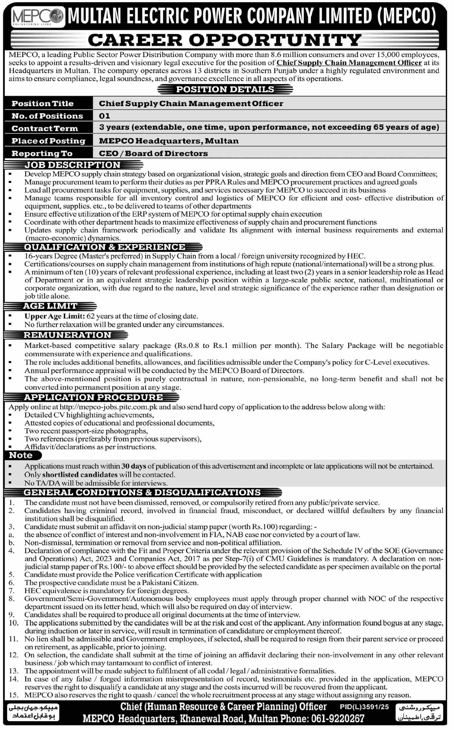 Multan Electric Power Company MEPCO Jobs 2026 Official Advertisement

MEPCO Chief Supply Chain Management Officer Vacancy Criteria

PITE Portal MEPCO Online Application System Instructions

MEPCO Executive Recruitment General Conditions and Disqualifications

MEPCO Headquarters Khanewal Road Multan Office Contact