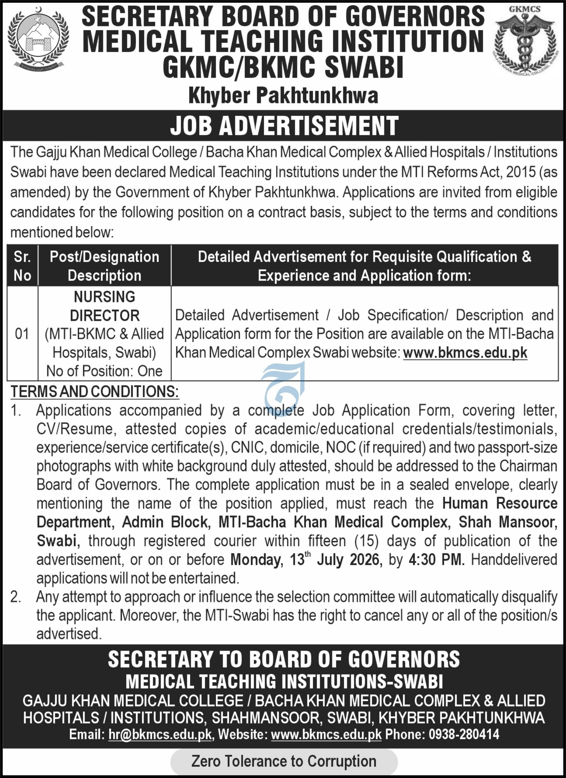 MTI GKMC BKMC Swabi Jobs 2026 Advertisement

Bacha Khan Medical Complex Swabi Nursing Director Vacancy

Gajju Khan Medical College Job Advertisement 2026

KPK Medical Teaching Institution Recruitment Post

How to apply for Nursing Director at MTI Swabi

MTI Swabi job application deadlines and details

Shah Mansoor Swabi hospital administration careers

Government of Khyber Pakhtunkhwa health department jobs

BKMCS edu pk official career advertisement

MTI Reforms Act 2015 jobs in Swabi Pakistan