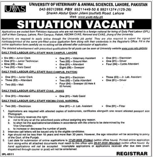 UVAS Lahore Jobs 2026 Online Application Form

University of Veterinary and Animal Sciences Recruitment Advertisement IPL-6511

UVAS Daily Paid Labour Staff Positions Lahore 2026

Registrar Office UVAS Non-Teaching Staff Vacancies

UVAS Ravi Campus Pattoki Job Openings Table

UVAS Jhang Campus Attendant and Naib Qasid Jobs

KBCMA CVAS Narowal Electrician and Fitter Positions

How to Apply Online at UVAS Career Portal

UVAS Daily Wage Employment Announcement Punjab

UVAS Junior Clerk and Driver Vacancies Notification 2026