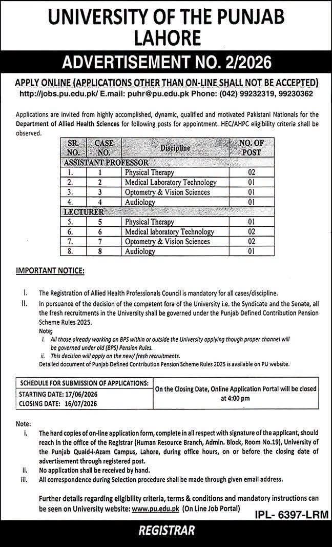 University of the Punjab Jobs 2026