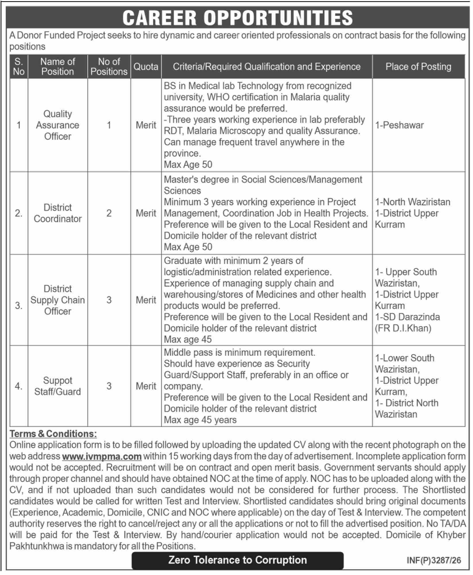Donor Funded Project Jobs 2026 Official Advertisement Layout

ivmpma.com Online Application System Guide Form

District Coordinator Vacancy Requirements Table KP

Quality Assurance Officer Lab Experience Details Peshawar

Supply Chain Officer Criteria List Upper Kurram

Security Guard Support Staff Middle Pass Vacancies Waziristan

KP Health Project Open Merit Recruitment Framework

Online CV Upload Guide on ivmpma Portal

No Objection Certificate Upload Mandatory Rules Advertisement

Zero Tolerance to Corruption Recruitment Tracking Notice KP