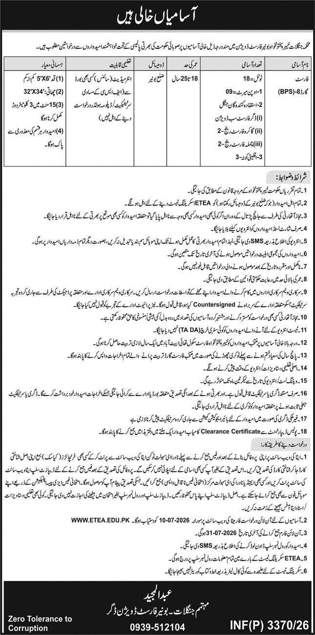 KPK Forest Department Buner Division Forest Guard Jobs 2026