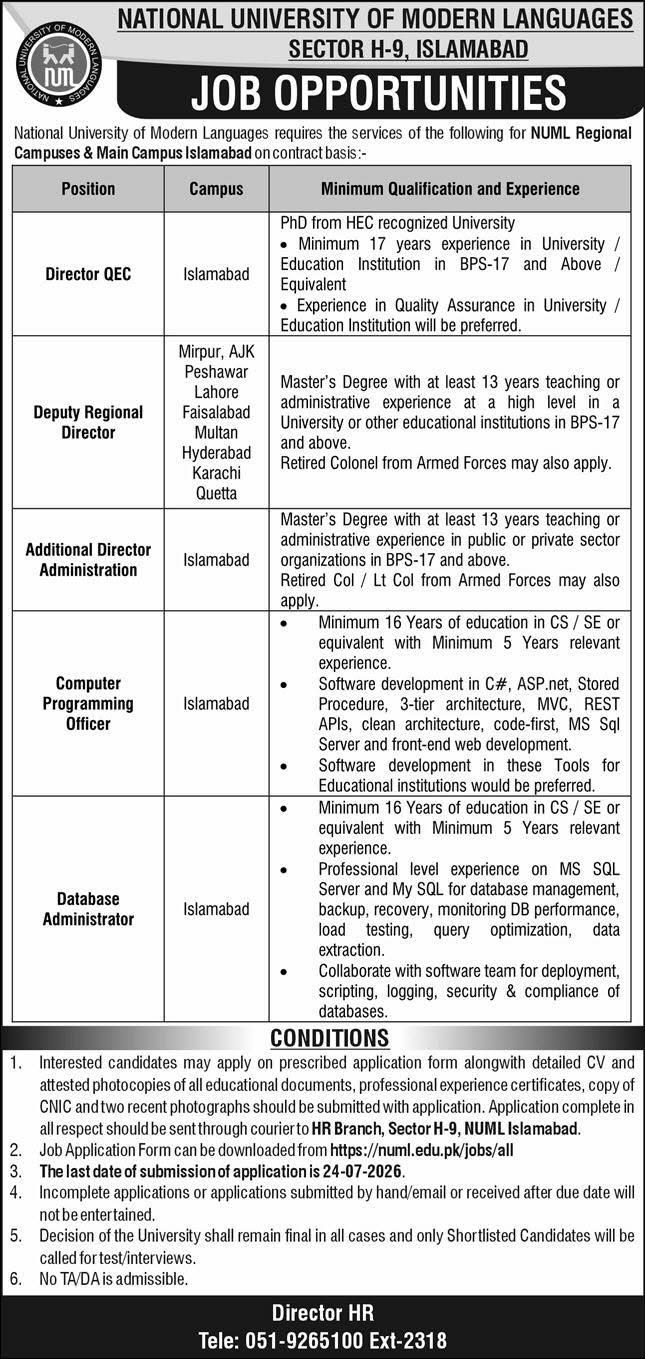 National University of Modern Languages NUML Islamabad Campus Job