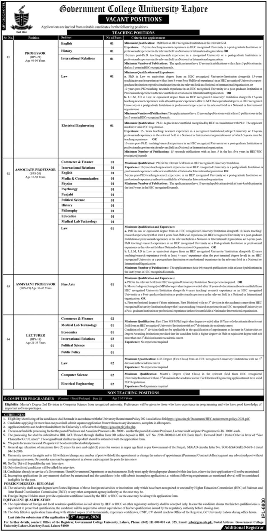 GCU Lahore Teaching and Non-Teaching Job Advertisement 2026 official notification
