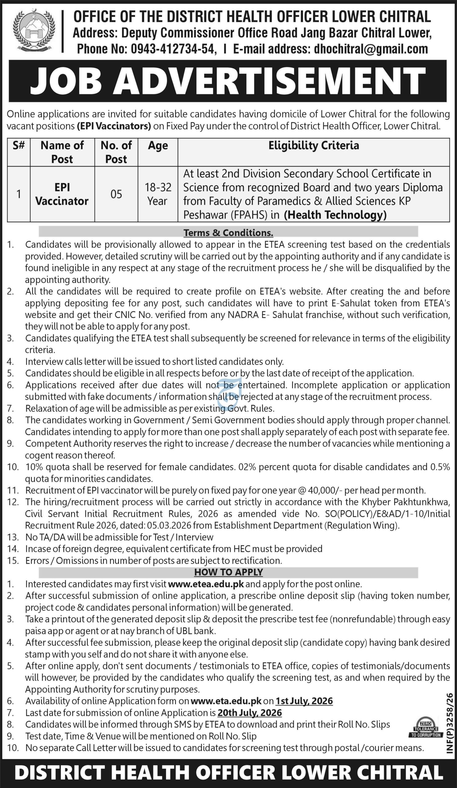District Health Officer Lower Chitral Jobs 2026 Advertisement Sheet

ETEA EPI Vaccinator Online Application Form 2026

DHO Lower Chitral Recruitment 2026 Eligibility Specifications Table

KP Faculty of Paramedics Allied Sciences Diploma Jobs Notice

Lower Chitral Health Department Vacancy Notice via ETEA

How to Apply Online for Vaccinator Jobs in Chitral 2026

NADRA E Sahulat Verification Guide for ETEA Forms

Fixed Pay Healthcare Positions in Lower Chitral District

UBL EasyPaisa Fee Deposit Slip for ETEA Test 2026

Government Paramedical Jobs in Khyber Pakhtunkhwa Advertisement